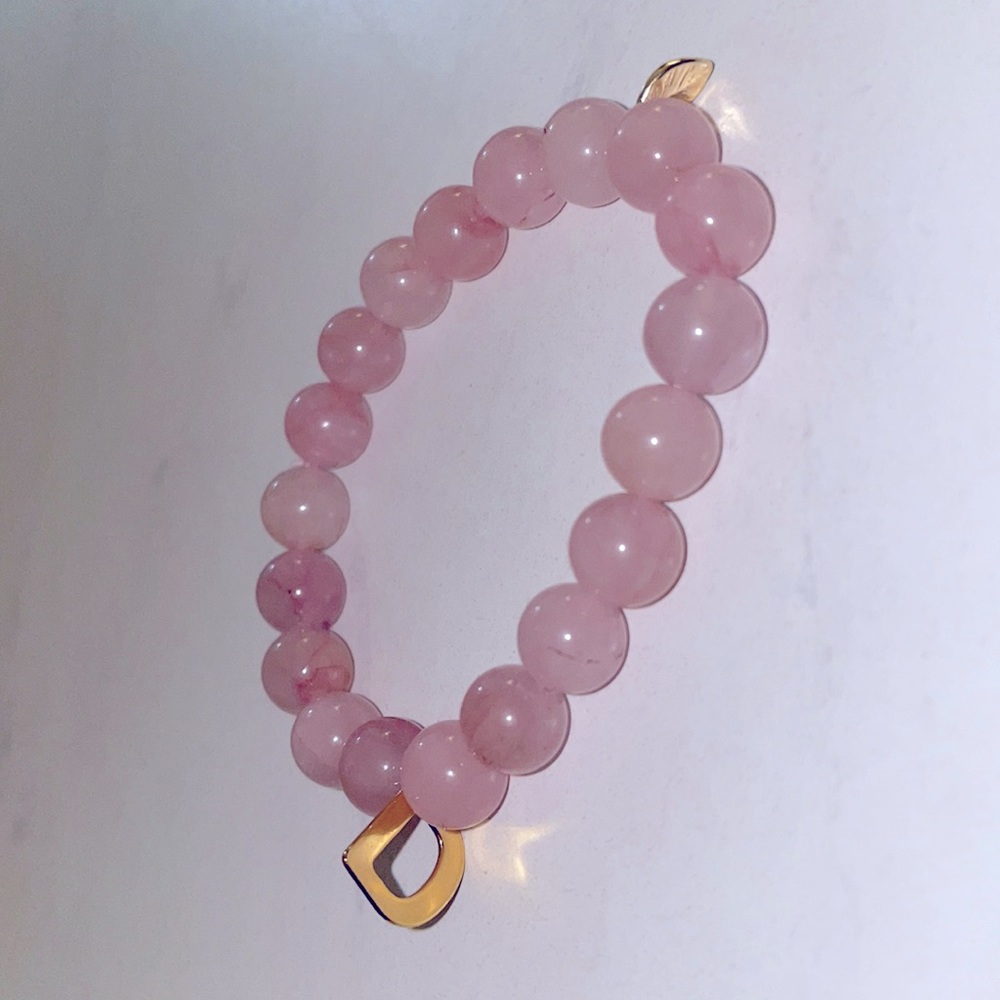 Rose Quartz Stretch Bracelet with Gold Plated Feather & Letter ‘D’ Charm
